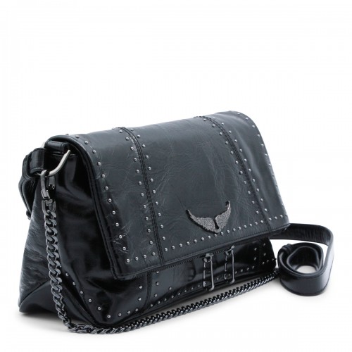 BLACK LEATHER ROCK II VINTAGE PATENT STUDS SHOULDER BAG