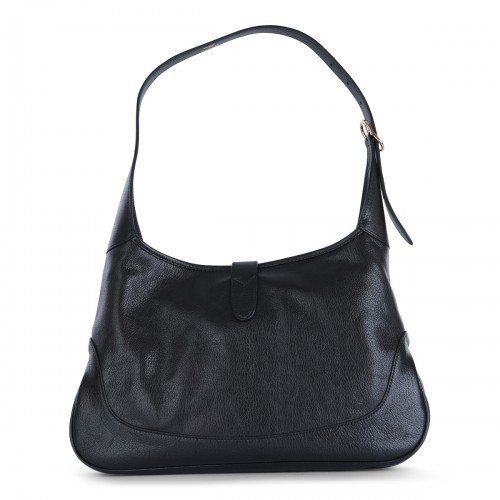 BLACK LEATHER JACKIE HOBO MEDIUM SHOULDER BAG