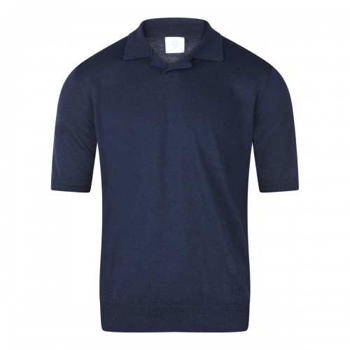 NAVY LINEN COTTON BLEND POLO SHIRT