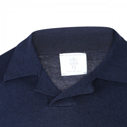 NAVY LINEN COTTON BLEND POLO SHIRT