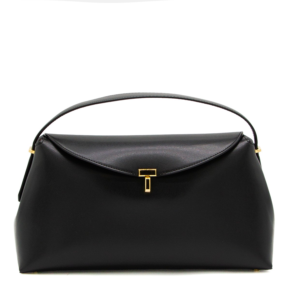 BLACK LEATHER T-LOCK TOP HANDLE BAG