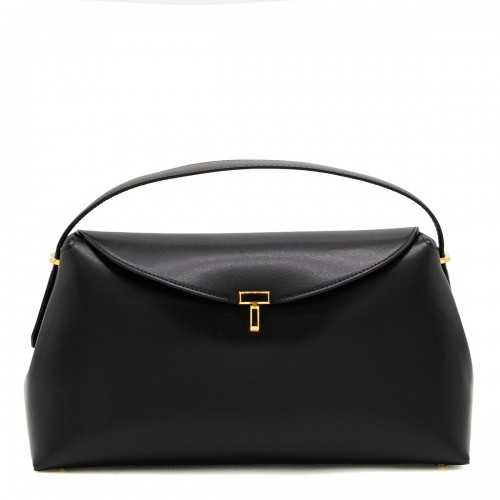 BLACK LEATHER T-LOCK TOP HANDLE BAG