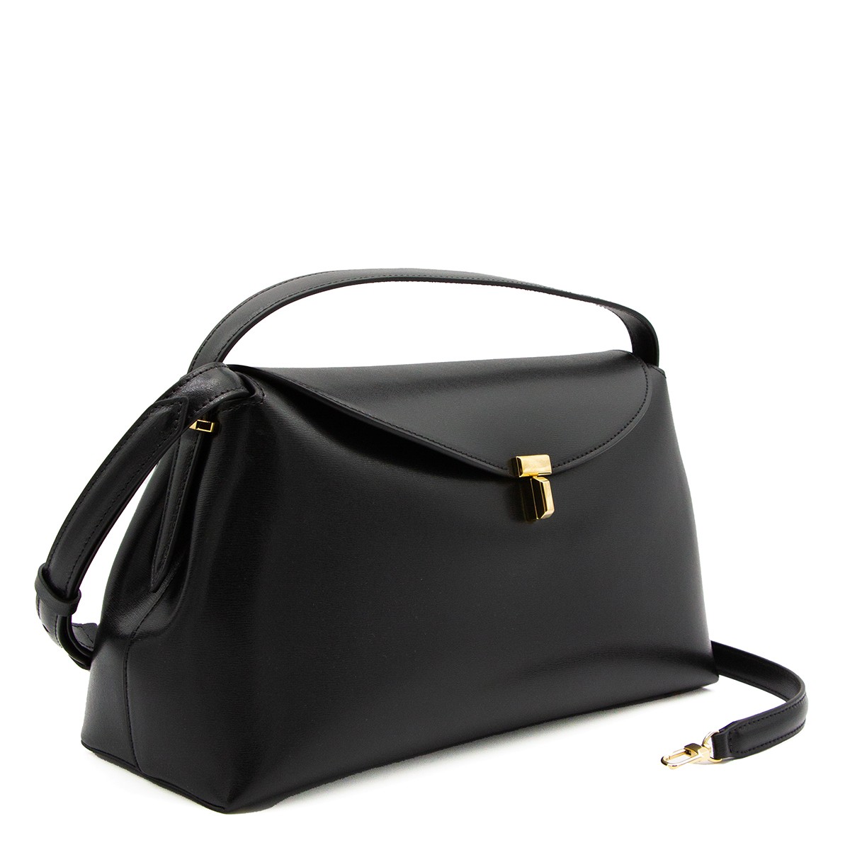BLACK LEATHER T-LOCK TOP HANDLE BAG