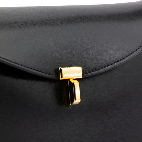BLACK LEATHER T-LOCK TOP HANDLE BAG