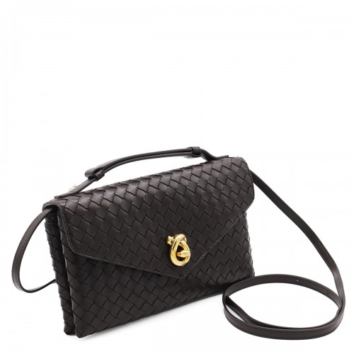 DARK BROWN LEATHER KNOT LOCK TOP HANDLE BAG