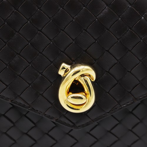 DARK BROWN LEATHER KNOT LOCK TOP HANDLE BAG