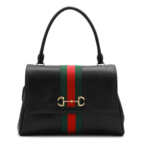 BLACK LEATHER HORSEBIT WEB PAPARAZZO MEDIUM SHOULDER BAG