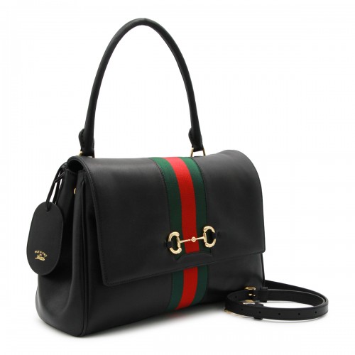 BLACK LEATHER HORSEBIT WEB PAPARAZZO MEDIUM SHOULDER BAG