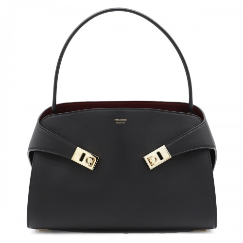 BLACK LEATHER HUG S TOP HANDLE BAG
