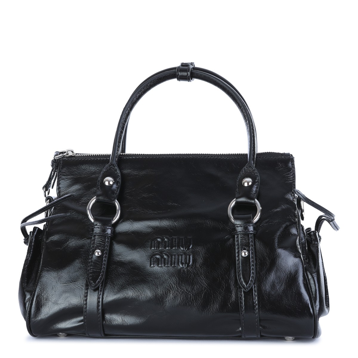 BLACK LEATHER GLOSSY SHOULDER BAG