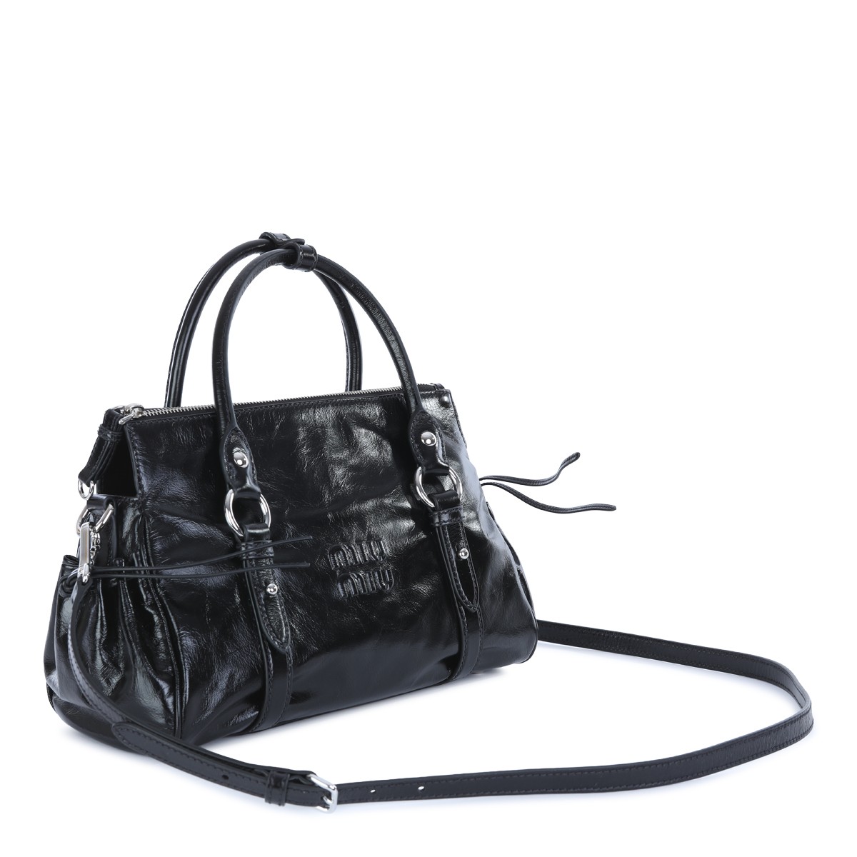 BLACK LEATHER GLOSSY SHOULDER BAG