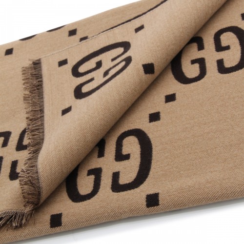 DARK BROWN AND BEIGE WOOL AND SILK BLEND JACQUARD GG SCARF