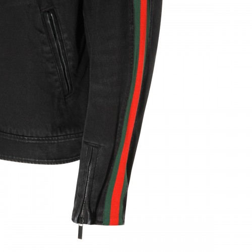 BLACK COTTON WEB RIBBON DENIM JACKET