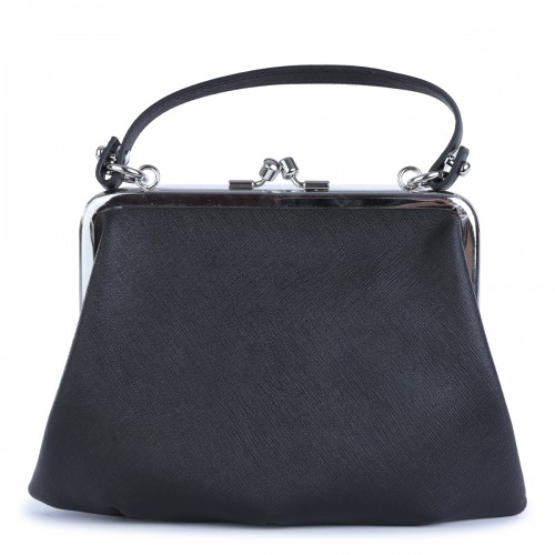 BLACK LEATHER GRANNY FRAME TOP HANDLE BAG