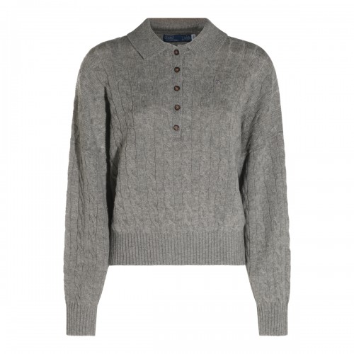GREY HEATHER WOOL AND CASHMERE BLEND KNITTED POLO SHIRT