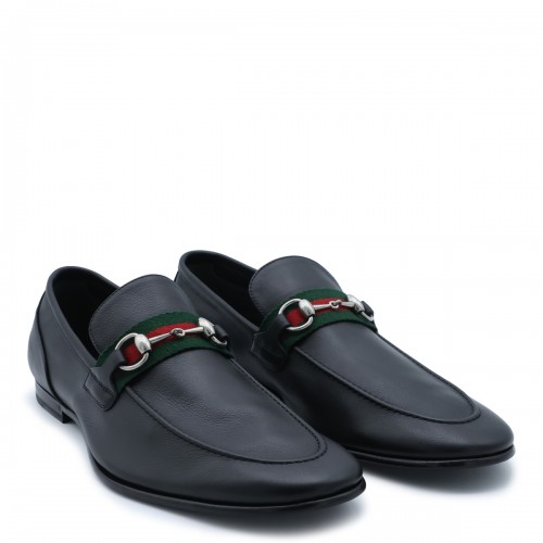 BLACK LEATHER WEB RIBBON LOAFERS