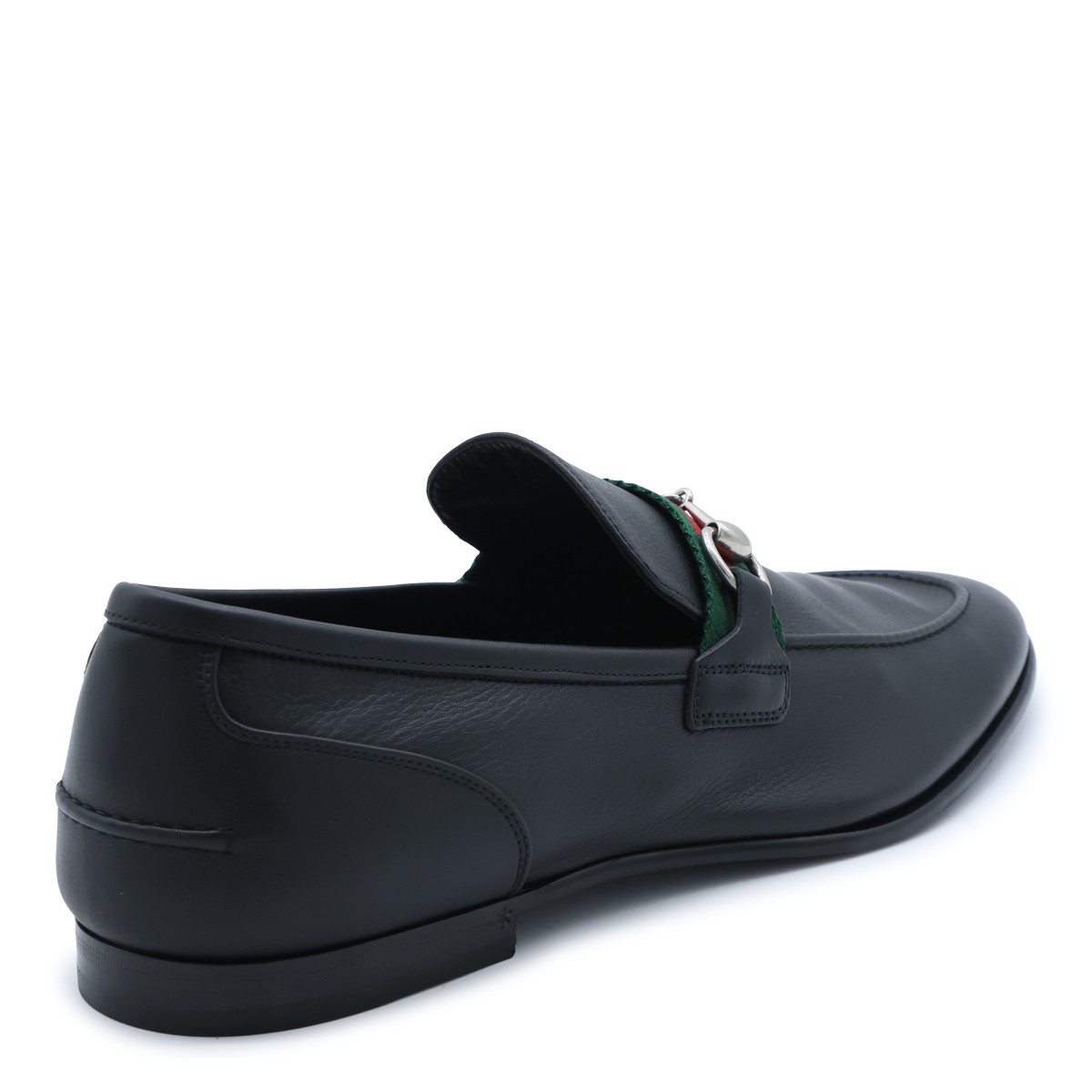 BLACK LEATHER WEB RIBBON LOAFERS