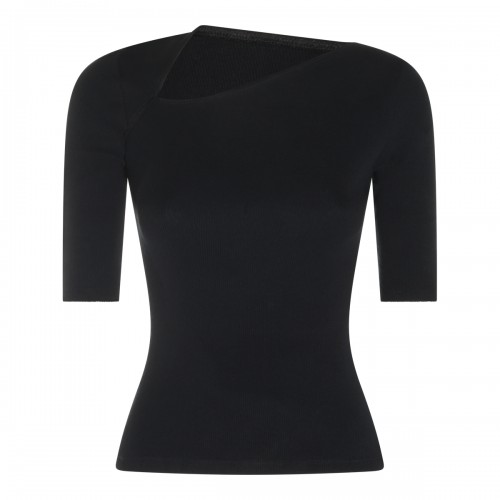 BLACK COTTON AND VIRGIN WOOL BLEND STRETCH TOP