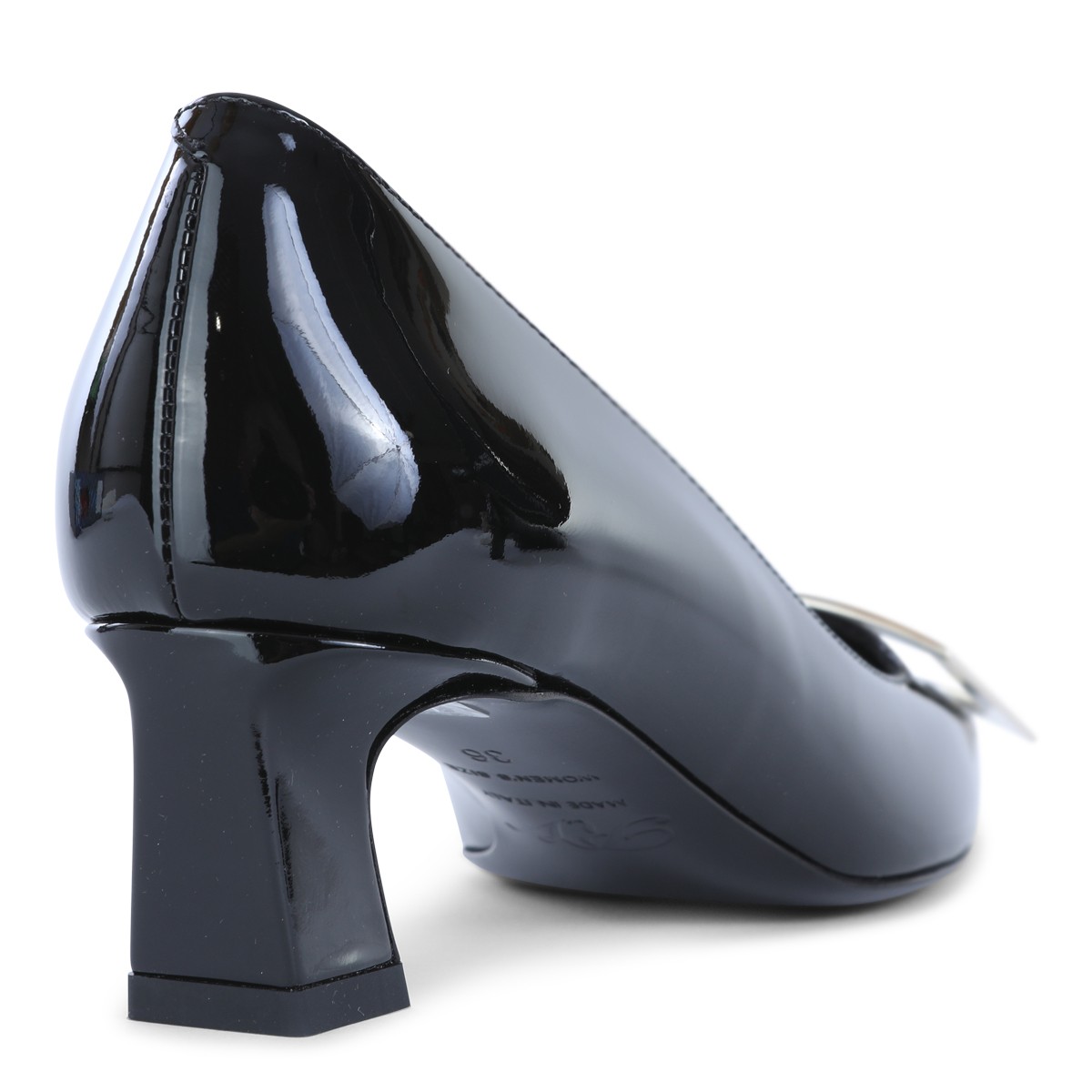 BLACK LEATHER TROMPETTE PUMPS