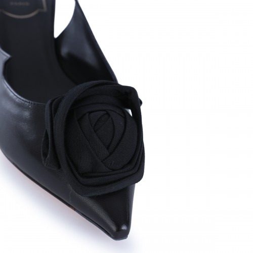BLACK LEATHER I LOVE VIVIER ROSES SLINGBACK FLATS