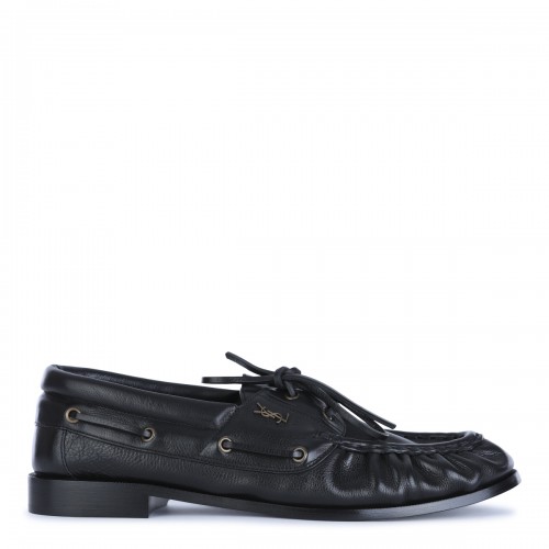 BLACK LEATHER BATEAU LOAFERS