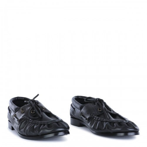BLACK LEATHER BATEAU LOAFERS