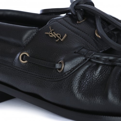 BLACK LEATHER BATEAU LOAFERS