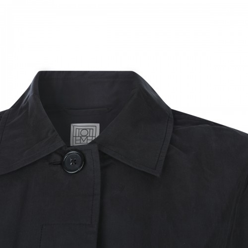 BLACK COTTON BLEND COLLARED TRENCH COAT