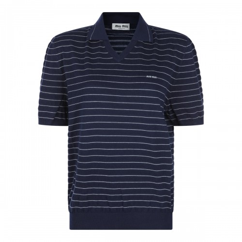 BLUE COTTON STRIPED POLO SWEATER