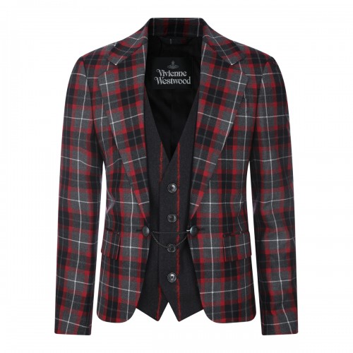 CHARCOAL AND RED VIRGIN WOOL BLAZER