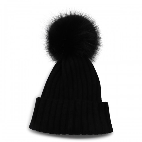 BLACK WOOL POM POM  BEANIE 2