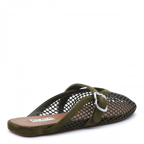 VERT CAMOUFLAGE LEATHER FISHNET MULES FLATS