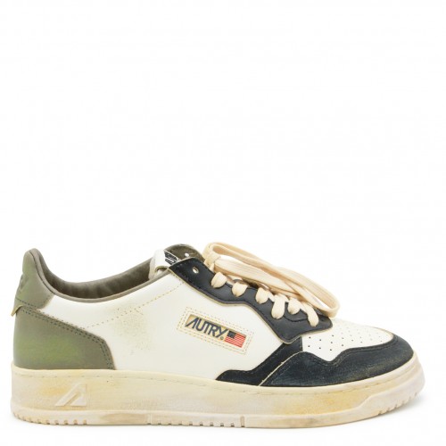 WHITE BLACK AND GREEN LEATHER SUPER VINTAGE SNEAKERS