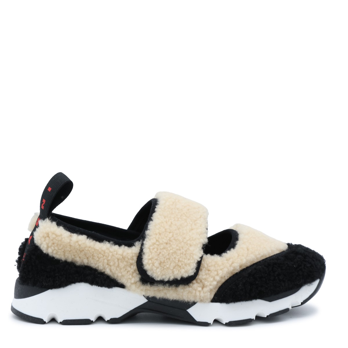 BEIGE AND BLACK SHEARLING FLATS