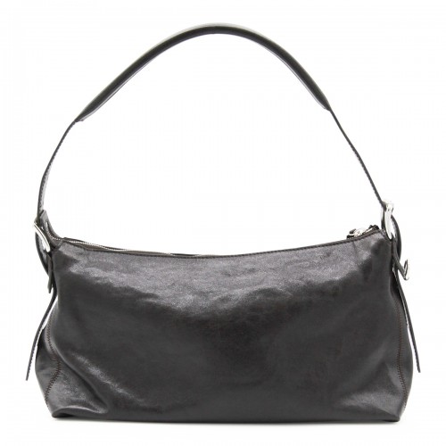 DARK BROWN LEATHER BELTED BAGUETTE SHOULDER BAG