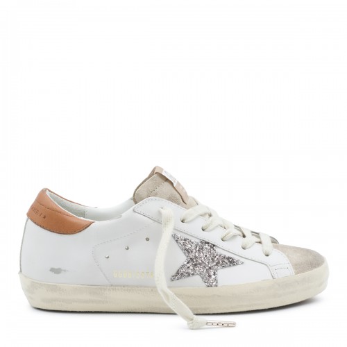 WHITE BEIGE AND BROWN LEATHER SUPERSTAR SNEAKERS
