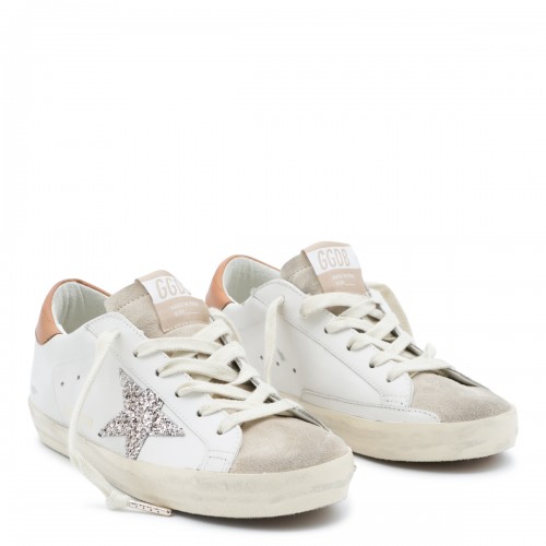 WHITE BEIGE AND BROWN LEATHER SUPERSTAR SNEAKERS