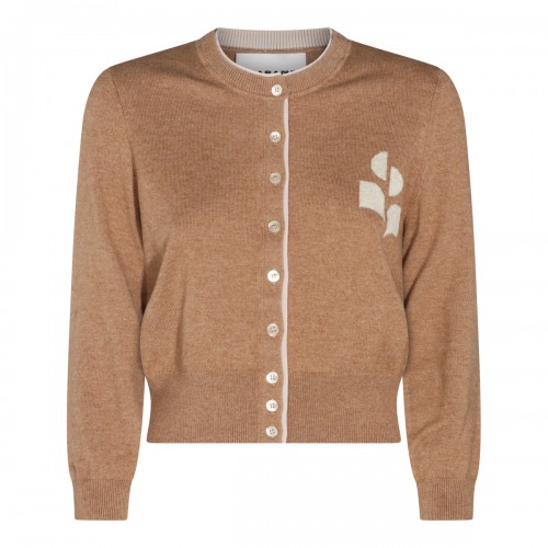 CAMEL AND LIGHT GREY COTTON AND WOOL BLEND CARDIGAN