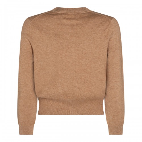 CAMEL AND LIGHT GREY COTTON AND WOOL BLEND CARDIGAN
