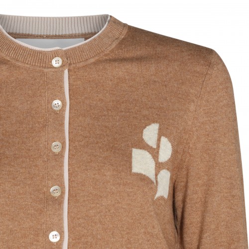 CAMEL AND LIGHT GREY COTTON AND WOOL BLEND CARDIGAN