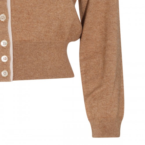 CAMEL AND LIGHT GREY COTTON AND WOOL BLEND CARDIGAN