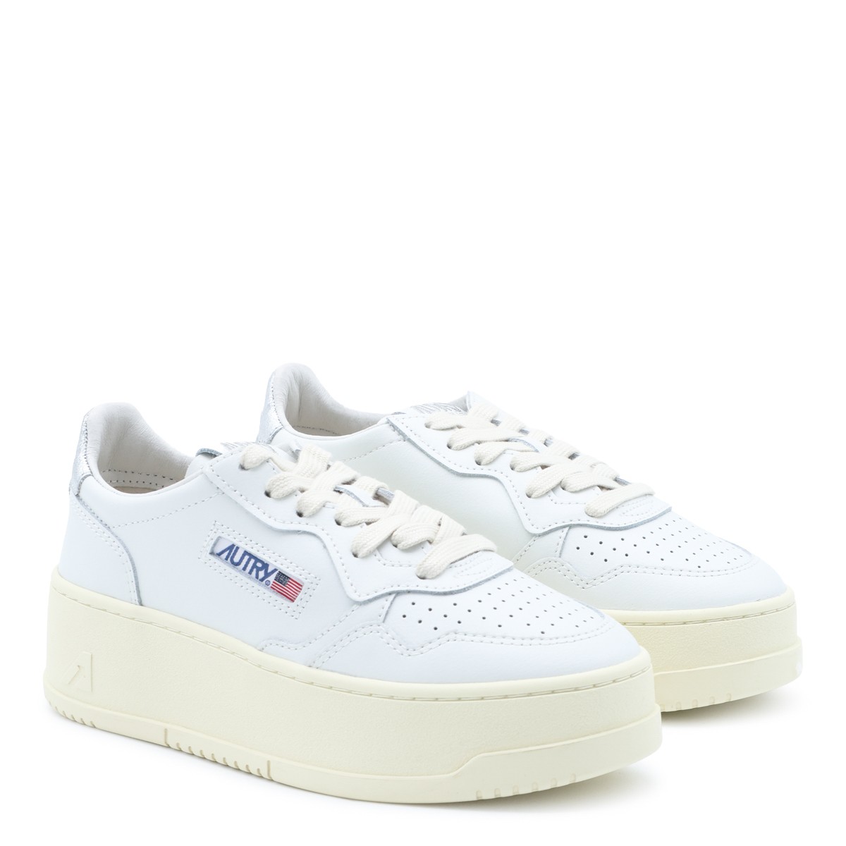 WHITE AND SILVER LEATHER SNEAKERS