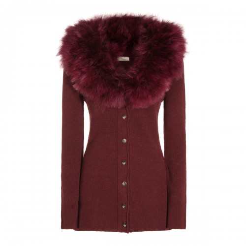 BURGUNDY VIRGIN WOOL FUR CARDIGAN