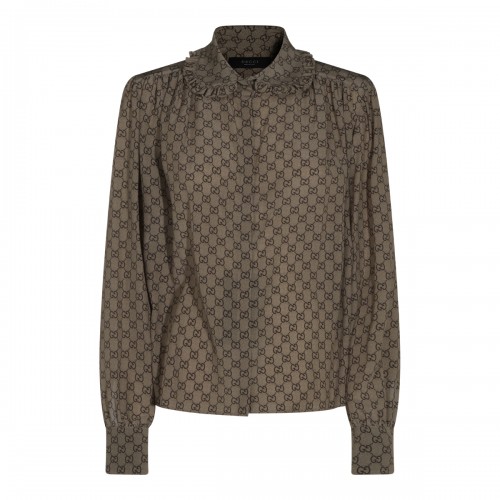 BEIGE AND DARK BROWN SILK CREPE DE CHINE SHIRT