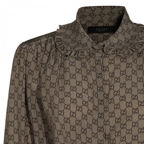 BEIGE AND DARK BROWN SILK CREPE DE CHINE SHIRT