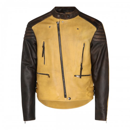 BROWN AND YELLOW LEATHER BIKER JACKET